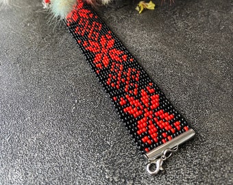 Handmade beaded bracelet with Ukrainian ornament, black & red geometric bracelet, Ukrainian jewelry