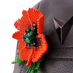 Red poppy bead brooch, handmade flower brooch, poppy flower, Ukraine jewelry, Remembrance poppy, seed bead brooch flower