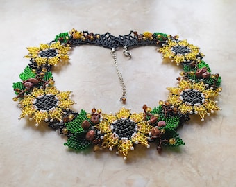 Original, bright and colorful necklace 'Sunflowers', Ukraine flower necklace, handmade yellow beaded necklace, beaded flowers