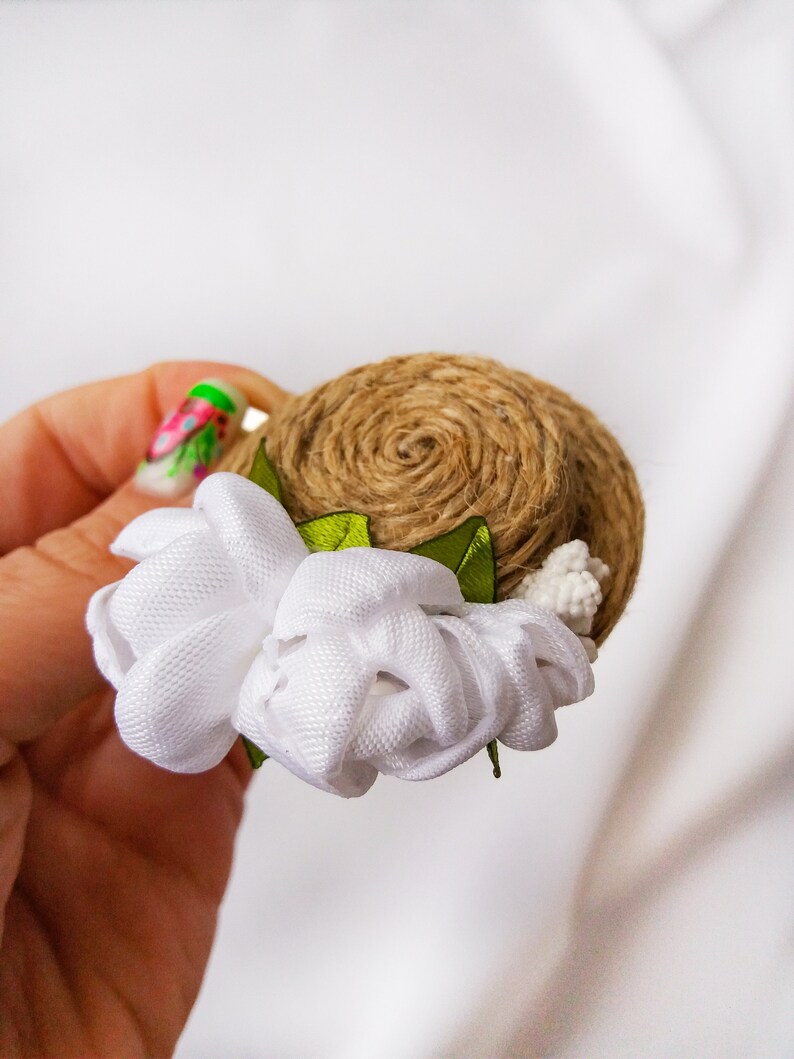 Mini Hat Hair Clip With White Satin Flower Tiny Hair Clips Etsy