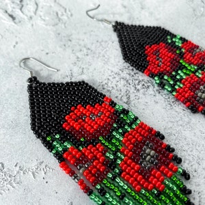 Ukrainian earrings, poppy beaded earrings, Beaded fringe earrings,  maximalist floral beaded earrings,  Ukrainian jewelry