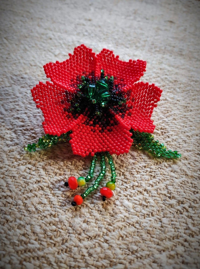Red Poppy Bead Brooch, Handmade Flower Brooch, Poppy Flower, Ukraine