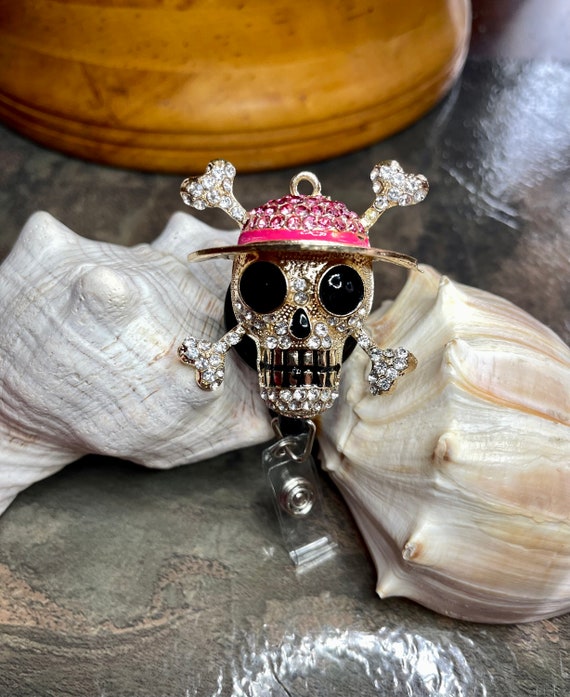 Pirate Skull ID Badge Reel Holder Rhinestone Crystal Retractable