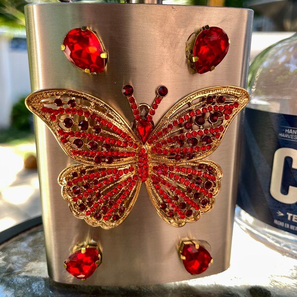 Butterfly Flask 8 oz Red Crystal Rhinestones Jewels Bling Alcohol Container Wedding gift