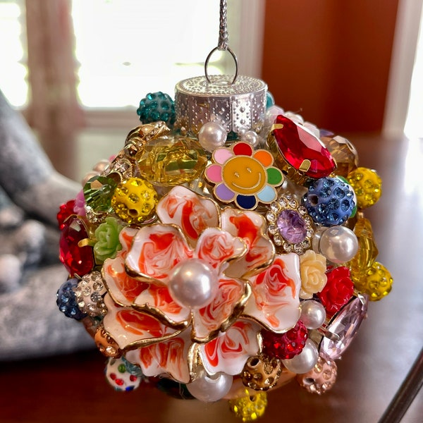 Rainbow Christmas Ornament Rhinestones pearls flowers Repurposed Brooch Beads Crystals