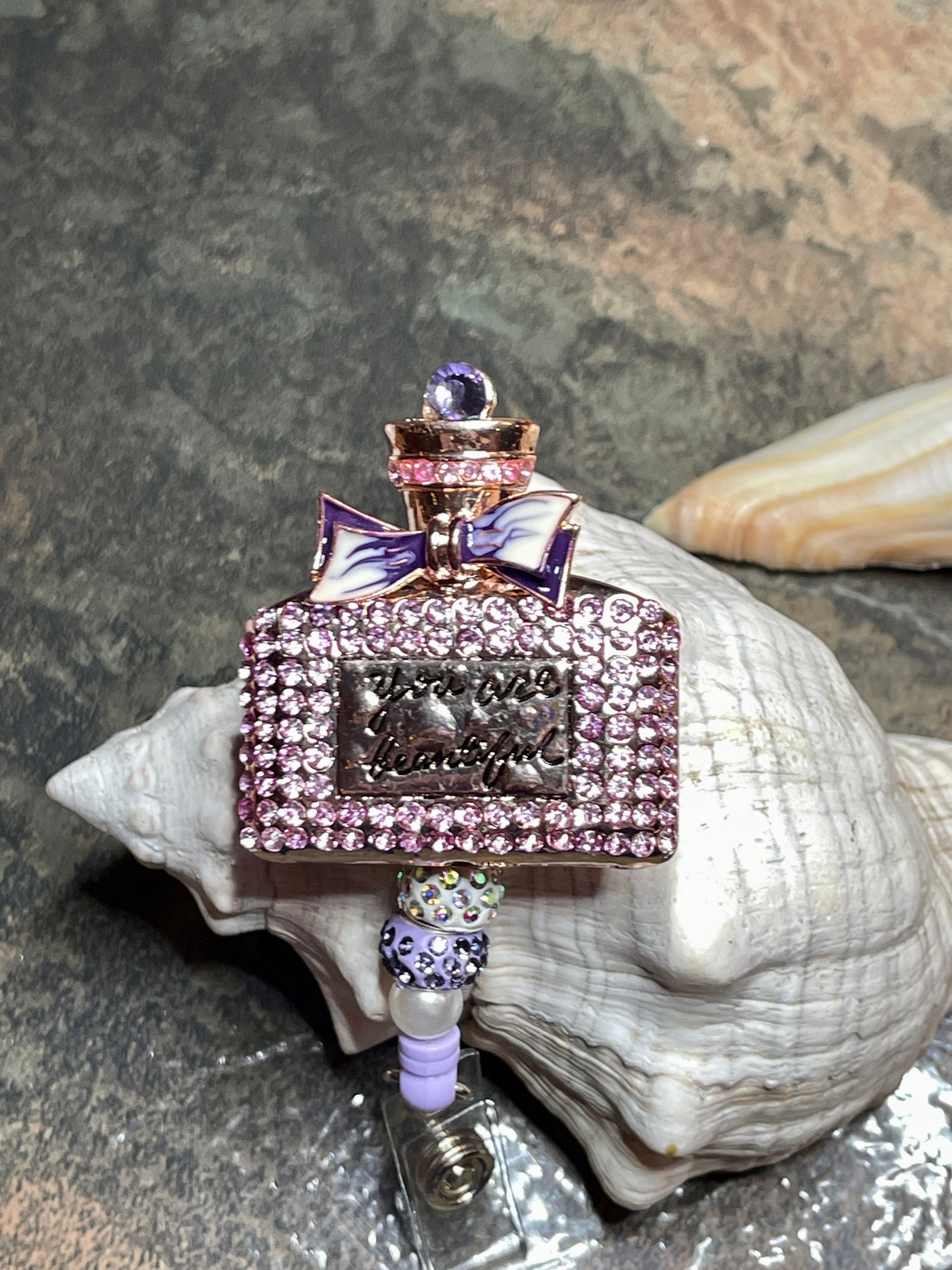 ID Badge Reel Holder Perfume Bottle Pearls Rhinestone Crystal 