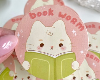 Sticker boekenwurm kat | Geïllustreerde laptopsticker