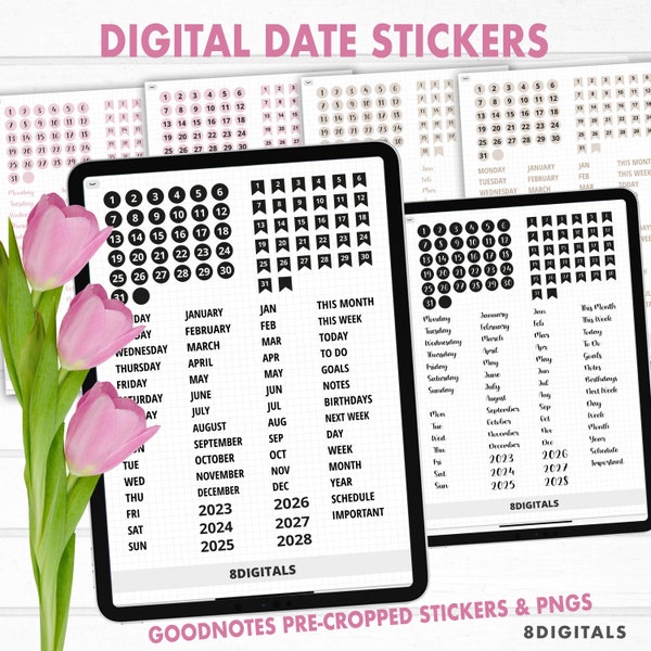 Digital Stickers Dates, Digital Planner Dates Days Months Stickers, Goodnotes Stickers, Ipad stickers, Goodnotes Stickers Precropped PNG