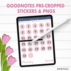 May include: A digital calendar app on an iPad with a pink blush color scheme. The calendar is pre-cropped into individual stickers for use in the Goodnotes app. The numbers 1 through 31 are visible on the calendar.