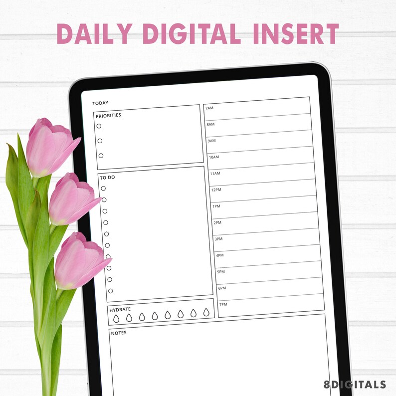 May include: A digital daily planner template on a tablet screen. The template includes sections for priorities, to do list, hydration tracker, and notes. The template is designed for daily planning and organization.