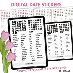 Digital Stickers Dates, Digital Planner Dates Days Months Stickers, Goodnotes Stickers, Ipad stickers Precropped PNG 2025 2026 Numbers Years