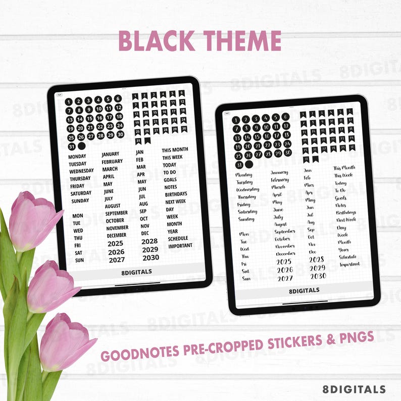 May include: Black and white Goodnotes pre-cropped stickers and PNGs for digital planners. The stickers include numbers, flags, days of the week, months, and years. The stickers are designed for use with the Goodnotes app.