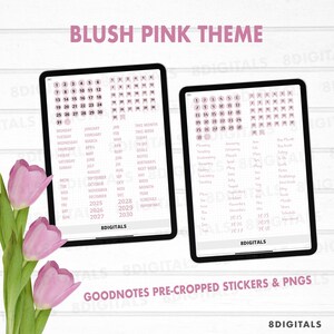May include: A digital planner with blush pink stickers for Goodnotes. The stickers include a calendar, days of the week, months of the year, and other planner essentials.