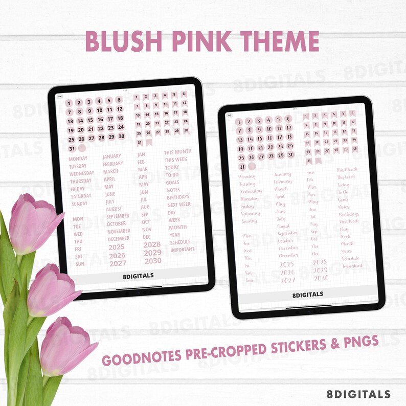 May include: A digital planner with blush pink stickers for Goodnotes. The stickers include a calendar, days of the week, months of the year, and other planner essentials.