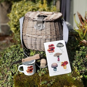Veganistische cadeauset grote foeragemand, natuurlijke wilgenmand, paddenstoelenmok, paddenstoelborstel, foerageergereedschap en foerageerdagboek