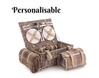 Personalisable 4 Person Traditional British Lavender Tartan Fitted Picnic Basket