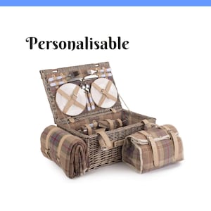 Personalisable 4 Person Traditional British Lavender Tartan Fitted Picnic Basket