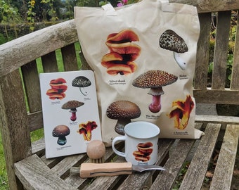 Zestaw Grab and Go Mushroom Forager 5 sztuk, naturalna torba do zbierania grzybów, narzędzie do zbierania grzybów, szczotka do grzybów, kubek z grzybami, dziennik z grzybami
