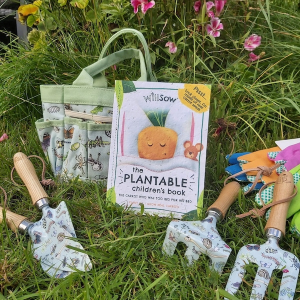 Complete Garden Activity Gift Set, Child's Personalised Garden Tools, Carry All, Plantable Carrot Seed Book, Gloves, Summer Garden Activity