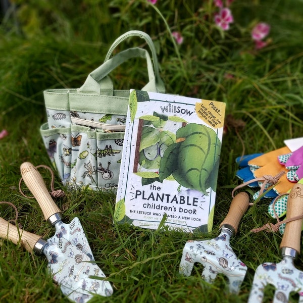 Complete Garden Activity Gift Set, Child's Personalised Garden Tools, Carry All, Plantable Lettuce Seed Book, Gloves, Summer Garden Activity