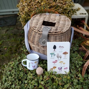 Veganistische cadeauset grote foeragemand, natuurlijke wilgenmand, paddenstoelenborstel, aquarelmok en dagboek Mushrooms of the UK