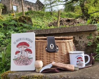 Mushroom Lover Gift Set, Mushroom Gathering Basket with Foraging Tool, Mushroom Brush, Anatomy of a Mushroom Journal and Mug
