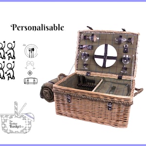 Personalisierbarer Picknickkorb mit Seilgriff für 4 Personen, klassischer britischer Picknickkorb für vier Personen, Picknickkorb mit abgestimmtem Zubehör