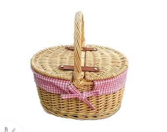 Personalisable Pink Childs Classic Gingham Picnic Basket, Pink Gingham Lined Basket