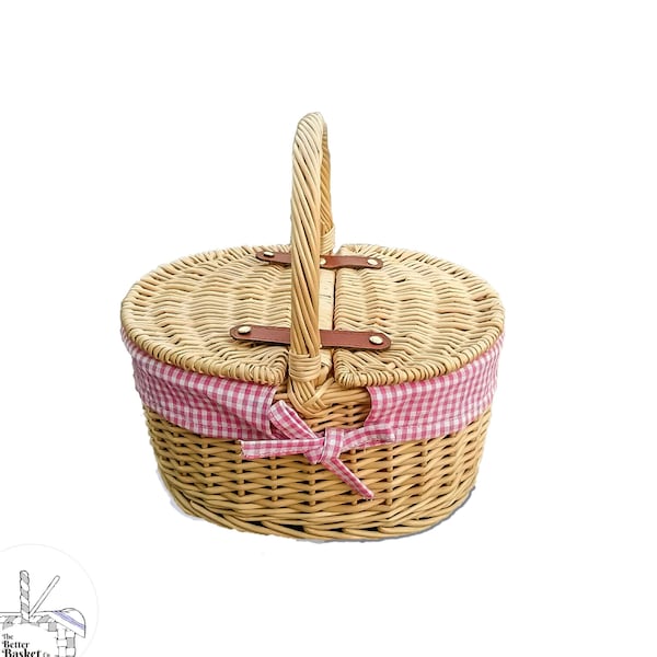 Personalisable Childs Classic Pink Gingham Picnic Basket