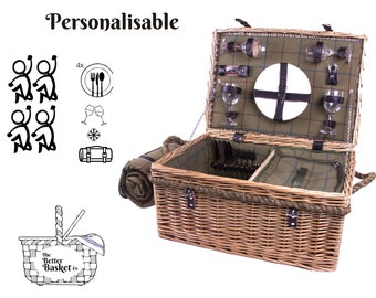 4 Person Traditional Large British Green Tartan Fitted Picnic Basket with Integrated Cool Pouch and Rope Handles