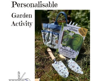 Complete Garden Activity Gift Set, Child's Personalised Garden Tools, Carry All, Plantable Lettuce Seed Book, Gloves, Summer Garden Activity