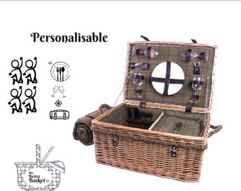Personalisable 4 Person Rope Handle Picnic Basket, Quintessential British Picnic Hamper for Four, Picnic Basket with Coordinated Accessories