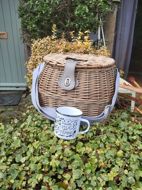 Panier Créel Vintage Tissé Osier Mouche Pêche Truite Poisson Sangle En Osier Charnières
