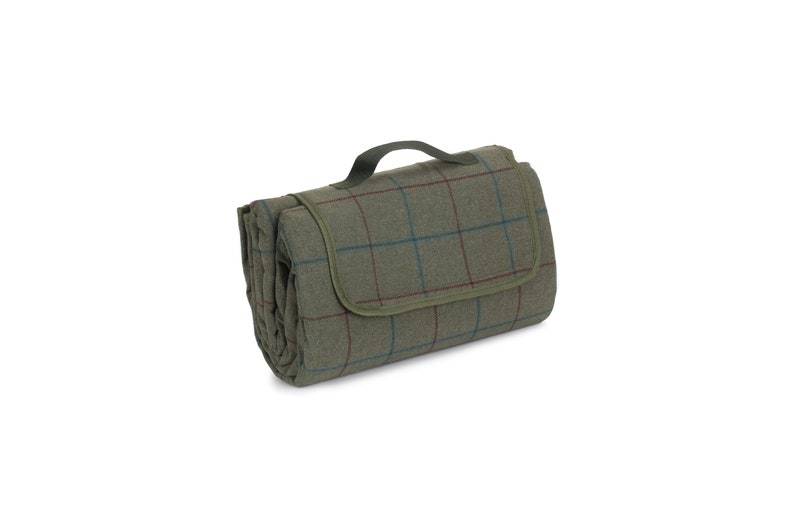 May include: Folded green picnic blanket with a handle. The blanket has a plaid pattern with red and blue lines. The handle is dark green. The blanket is rolled up and ready to be carried.