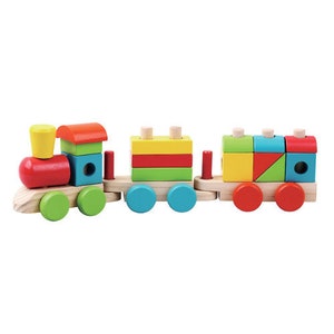 May include: A brightly coloured wooden toy train with three carriages. The engine is red, blue, and yellow, with green wheels. The other carriages have stacked blocks in various colours, including yellow, red, green, and blue. A fun educational toy.