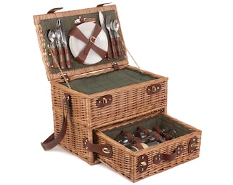 Personalisable Wine Drawer 4 Person Green Tartan Picnic Basket, Quintessential British Picnic Hamper for Four, Personalised Picnic Basket