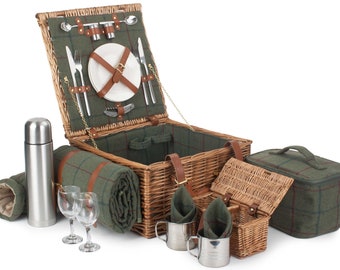 Personaliseerbare 2-persoons groene tartan picknickmand, typisch Britse picknickmand voor twee, picknickmand met gecoördineerde accessoires