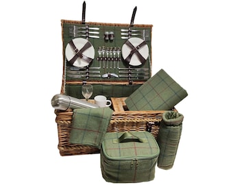 Personalisable 4 Person Green Tartan Picnic Basket, Quintessential British Picnic Hamper for Four, Personalised Picnic Basket