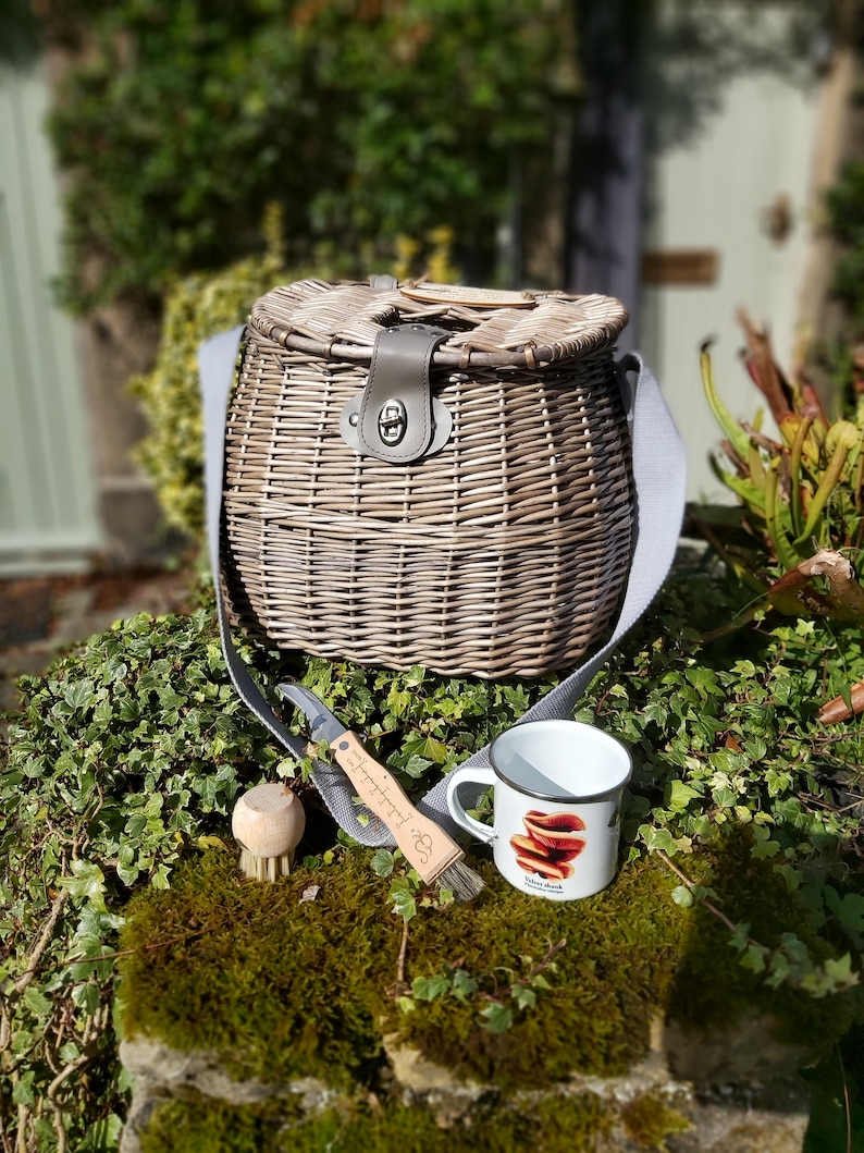 May include: A wicker basket with a gray strap and a metal clasp. The basket is sitting on a bed of green moss with a wooden brush and a white enamel mug with a mushroom design.