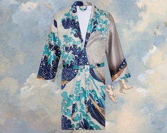 Hokusai Kanagawa Oki Nami Ura Unisex Bathrobe, The Great Wave, Shower Robe, Kimono, Ukiyo-e Art, Printed Gift, Sustainable Towel Fabric