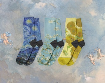 Ensemble de chaussettes unisexes Vincent van Gogh, chaussettes à douilles, la nuit étoilée, fleurs d'amandier, tournesols, chaussettes imprimées cadeaux pour hommes et femmes