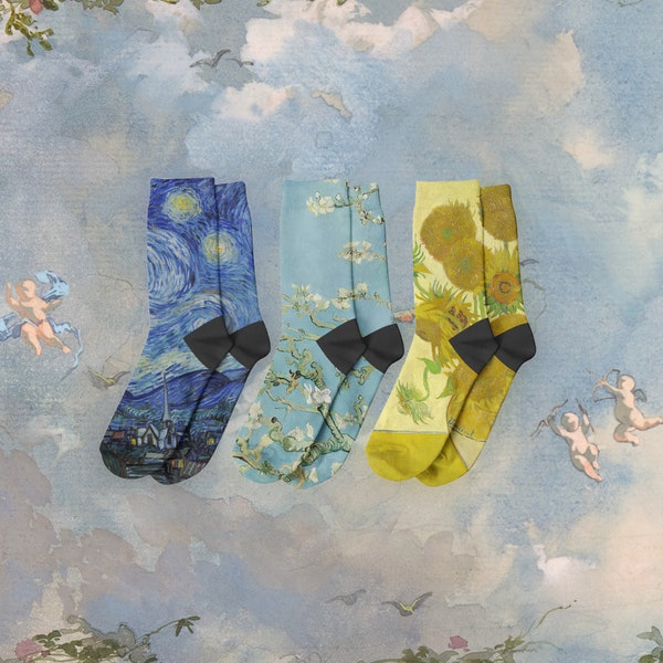 Ensemble de chaussettes unisexes Vincent van Gogh, chaussettes à douilles, la nuit étoilée, fleurs d'amandier, tournesols, chaussettes imprimées cadeaux pour hommes et femmes