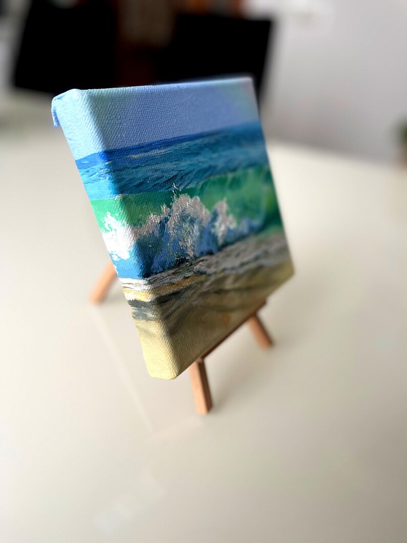 Seascape Mini Painting on Easel Stand Alone Art for Bookshelf or Table