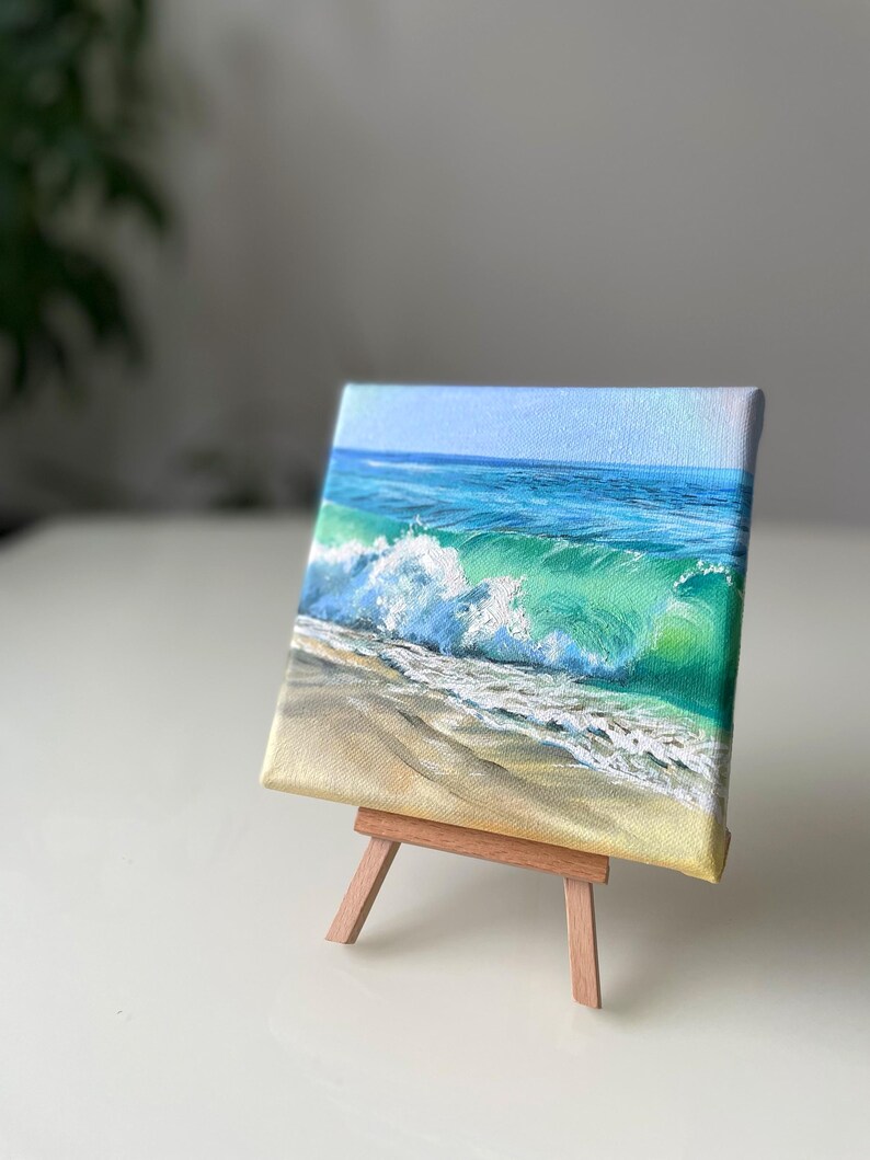 Seascape Mini Painting on Easel Stand Alone Art for Bookshelf or Table
