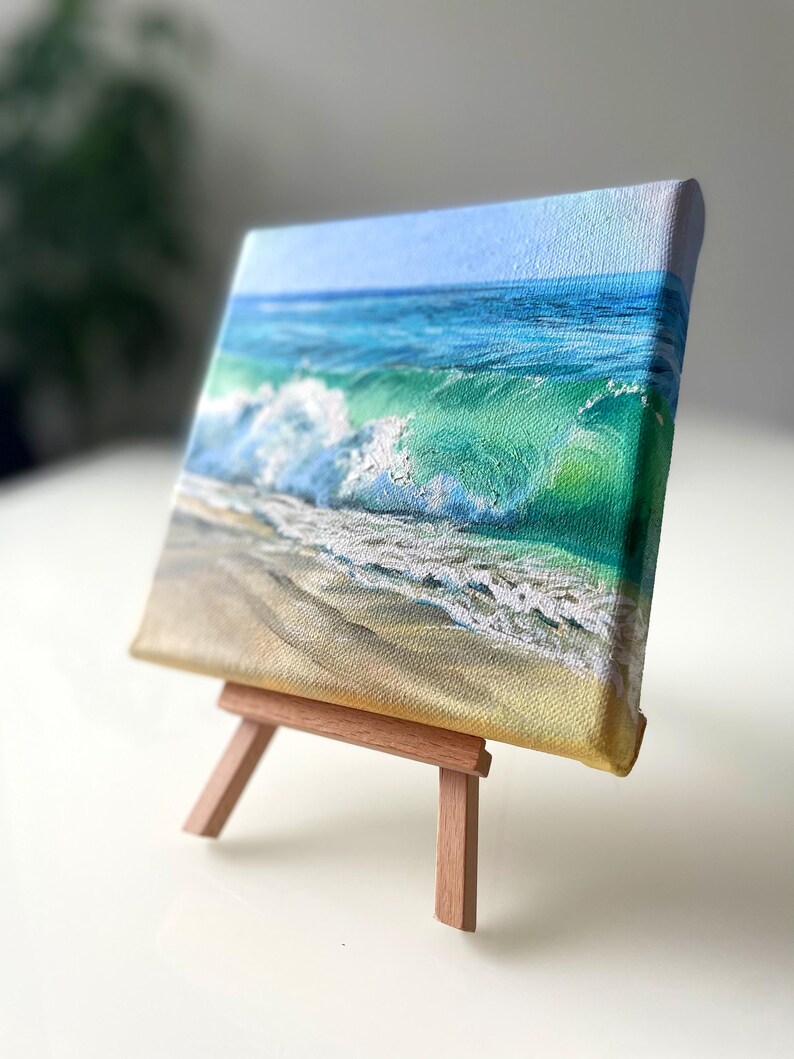 Seascape Mini Painting on Easel Stand Alone Art for Bookshelf or Table