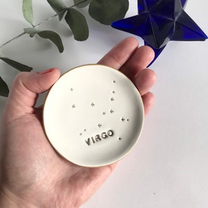 Virgo Zodiac Gift, Handmade Star Sign Keepsake, Constellation Jewellery Tray, white round dish with gold rim, gift for luck to a loved one