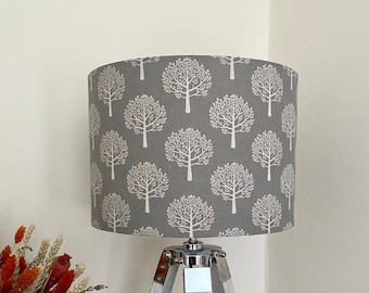 TREE OF LIFE Lampshade, Grey/White Handmade Lampshade, Designer Lampshade,Drum Lampshade, Cylinder Lampshade