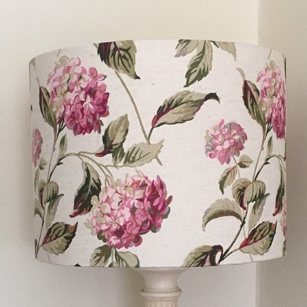 LAURA ASHLEY HYDRANGEA Handmade Lampshade, Natural and Pink Linen Lampshade, Designer Lampshade, Drum Lampshade, Cylinder Lampshade