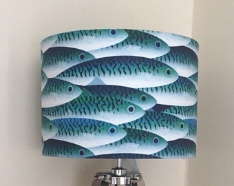 Handmade Mackerel Print Drum Lampshade, Coastal Fabric Home Decor