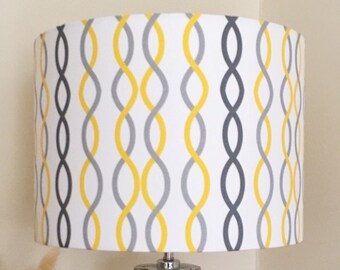 LINEAR GREY YELLOW Lampshade, Handmade Fabric Lampshade, Designer Lampshade, Drum Lampshade